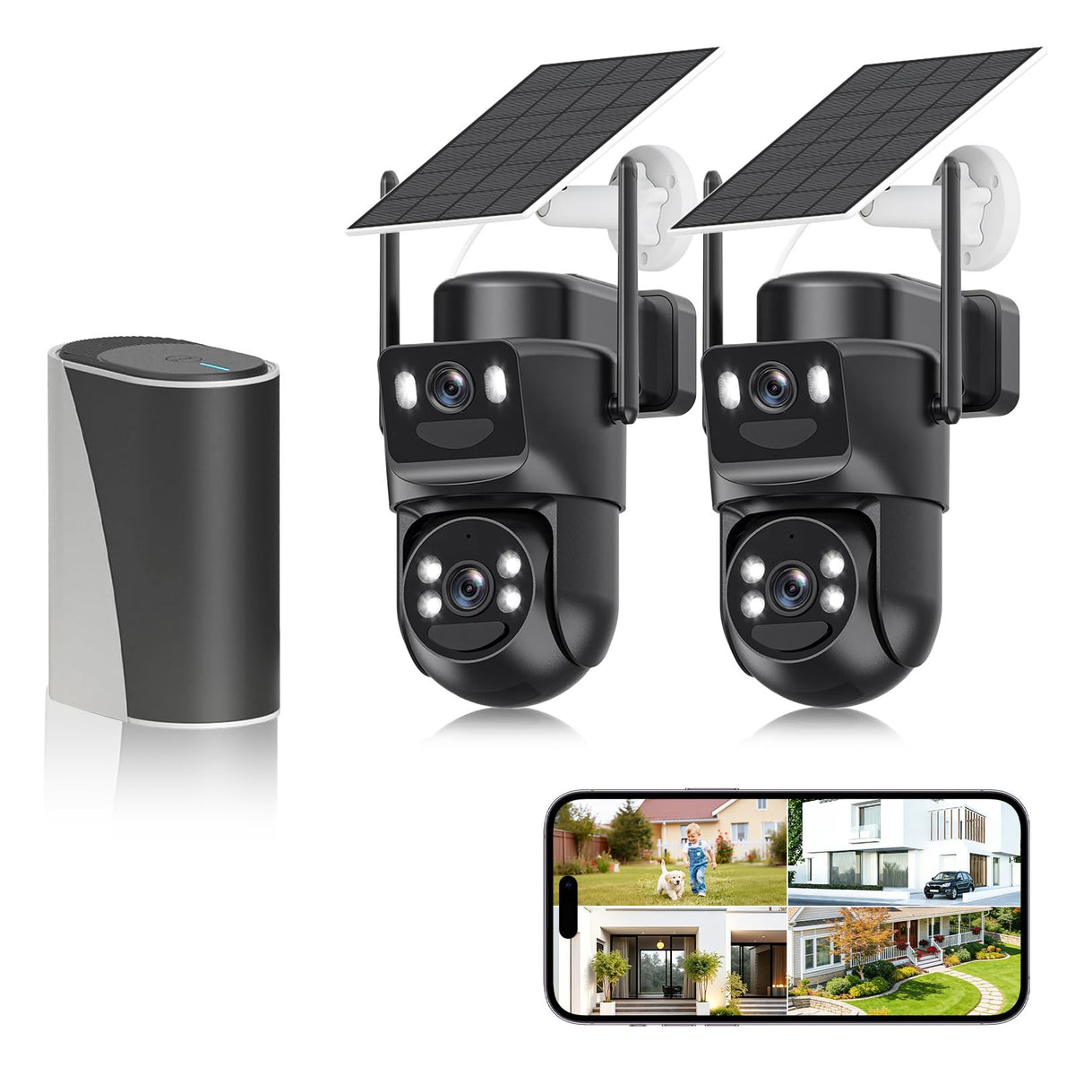 4K Solar Security Cameras Wireless Outdoor with Dual Lens, 4 Cam Kit, No Subscription Fee, Home Security System with Color Night Vision, Auto Tracking, Motion Detection