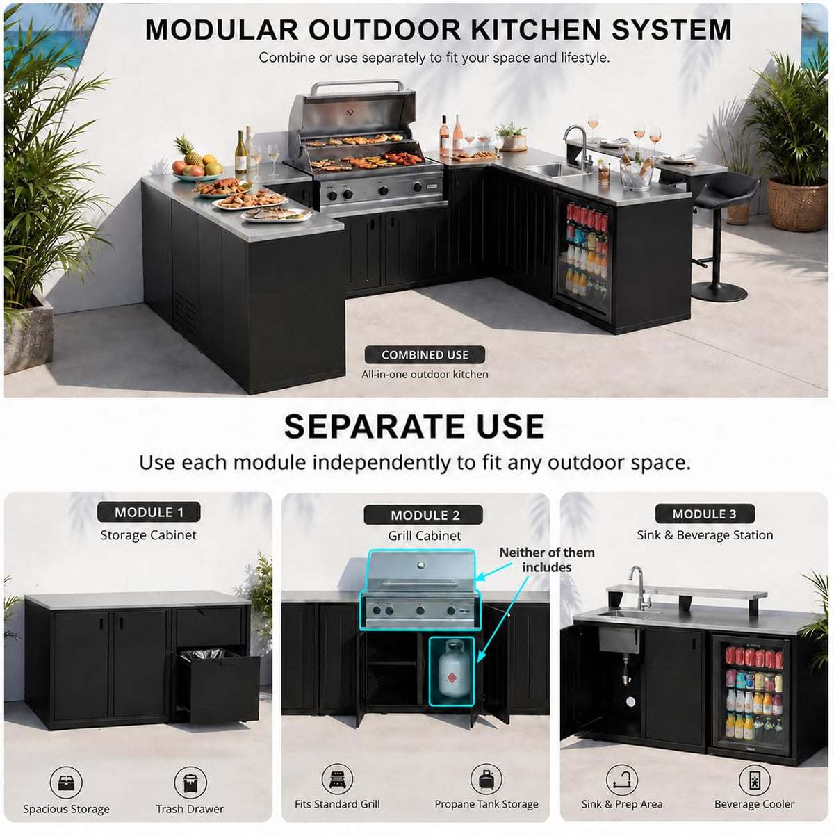 130“ Large Outdoor Kitchen Island for BBQ Gas Grill, Black