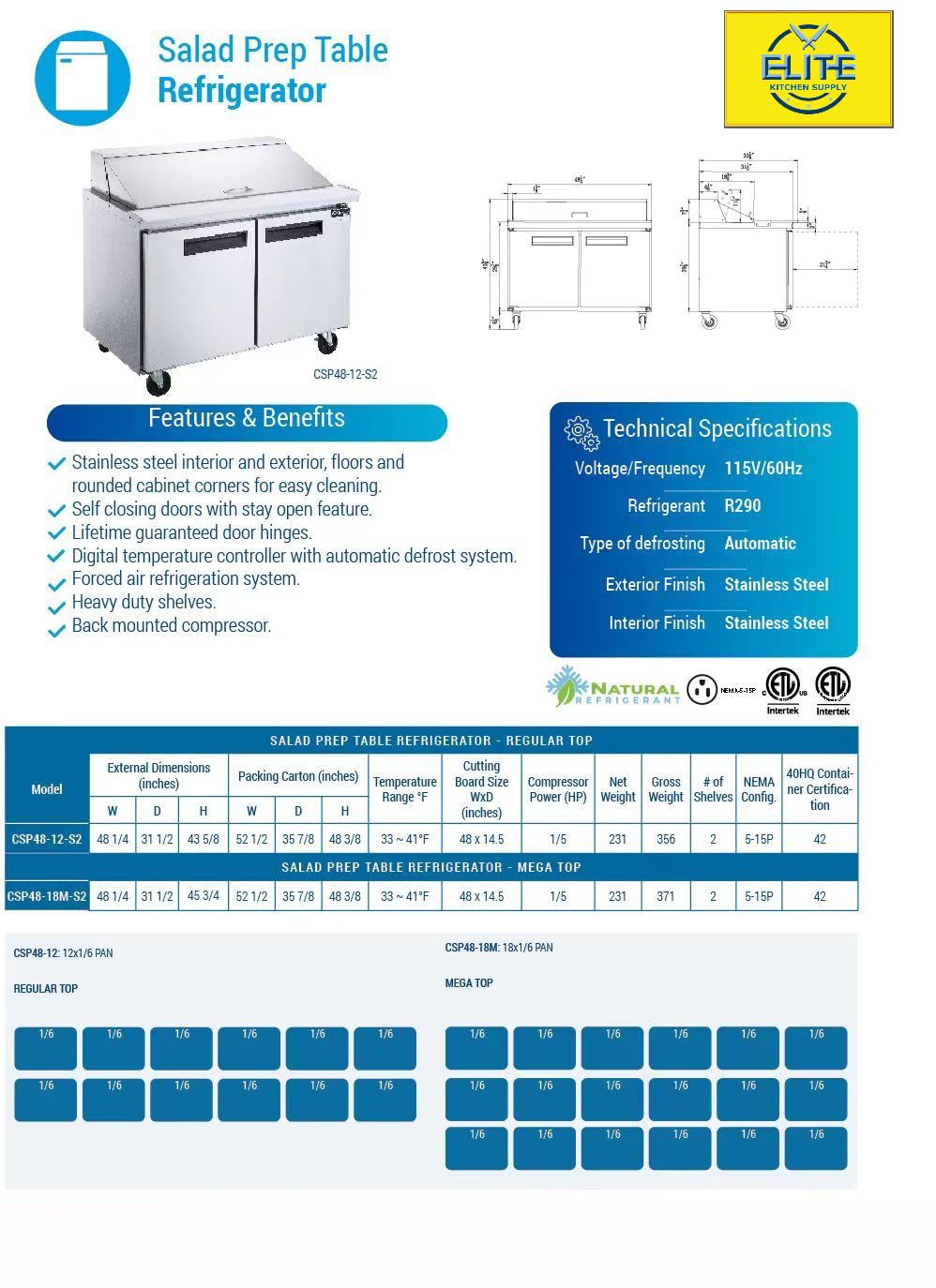 Commercial Sandwich Prep Table Refrigerator, ETL Salad Pizza Fridge Cooler, 48" W 11.47 cu.ft.. Fan Cooling, Salad Bar with Cut Board for Buffet Restaurant, Bar, Shop ASR-12376