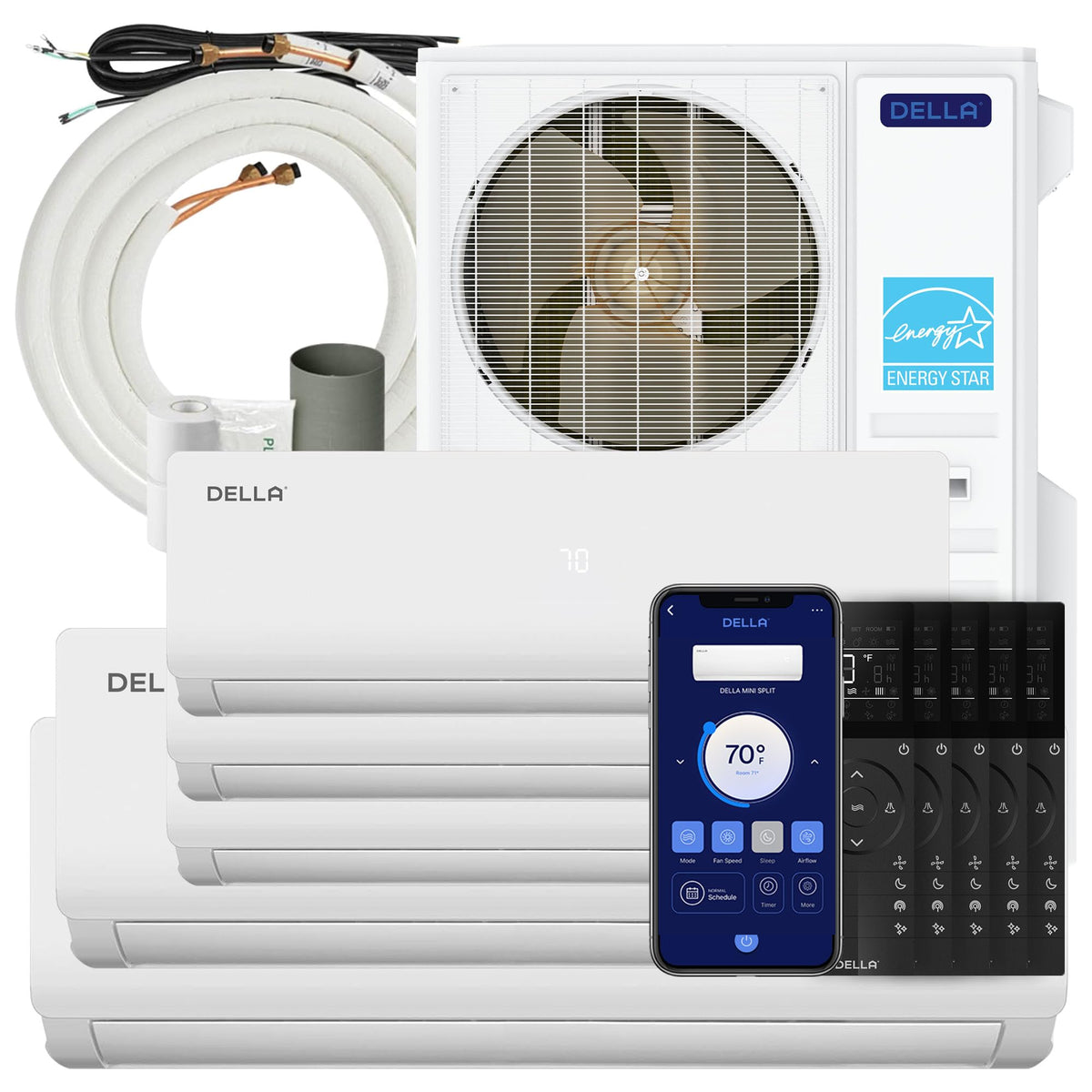 DELLA 55K BTU 5 Zone Mini Split AC (3x9K+2x18K), 22.5 SEER2, for 3200 Sq Ft