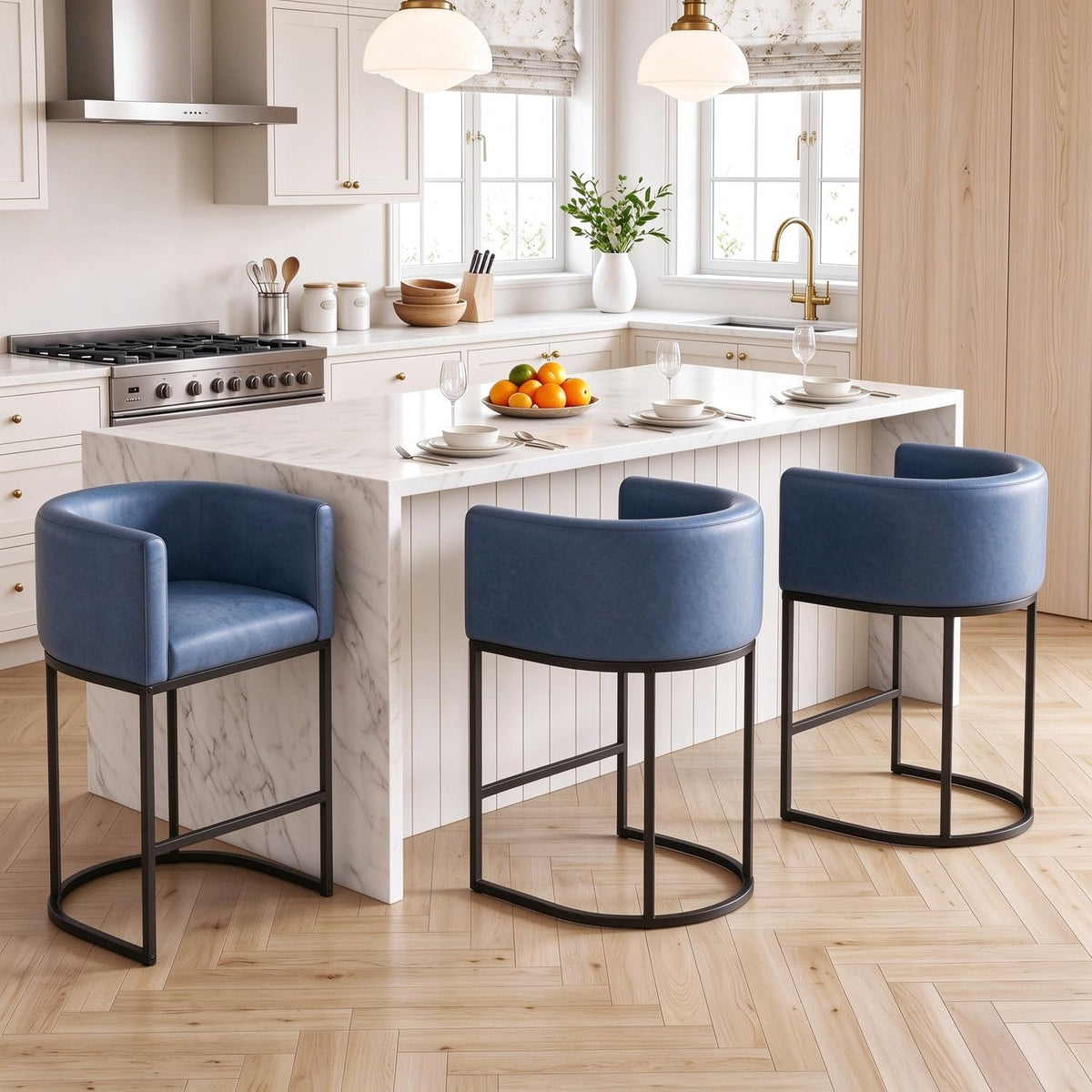 26" H Counter Height Bar Stools Set of 3, Modern Barrel Counter Stools with Backrest and Arms, Linen Fabric Upholstered Accent Barstools for Kitchen Island, Support 450 LBS, Beige