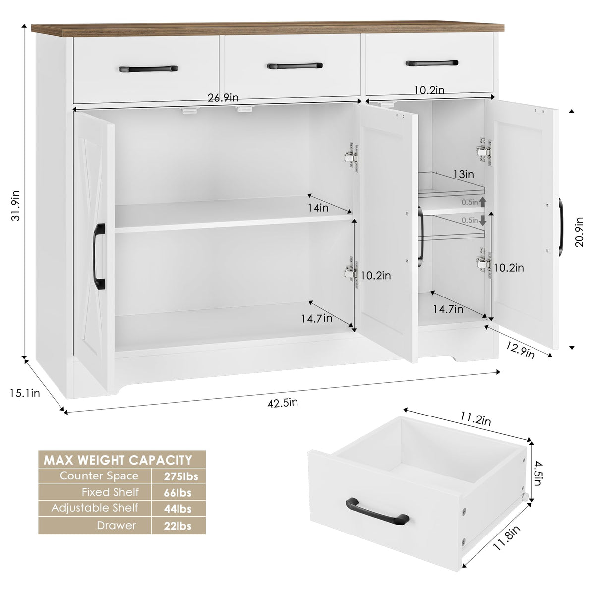 HOSTACK Kitchen Buffet Cabinet with Storage, Sideboard Coffee Bar, White
