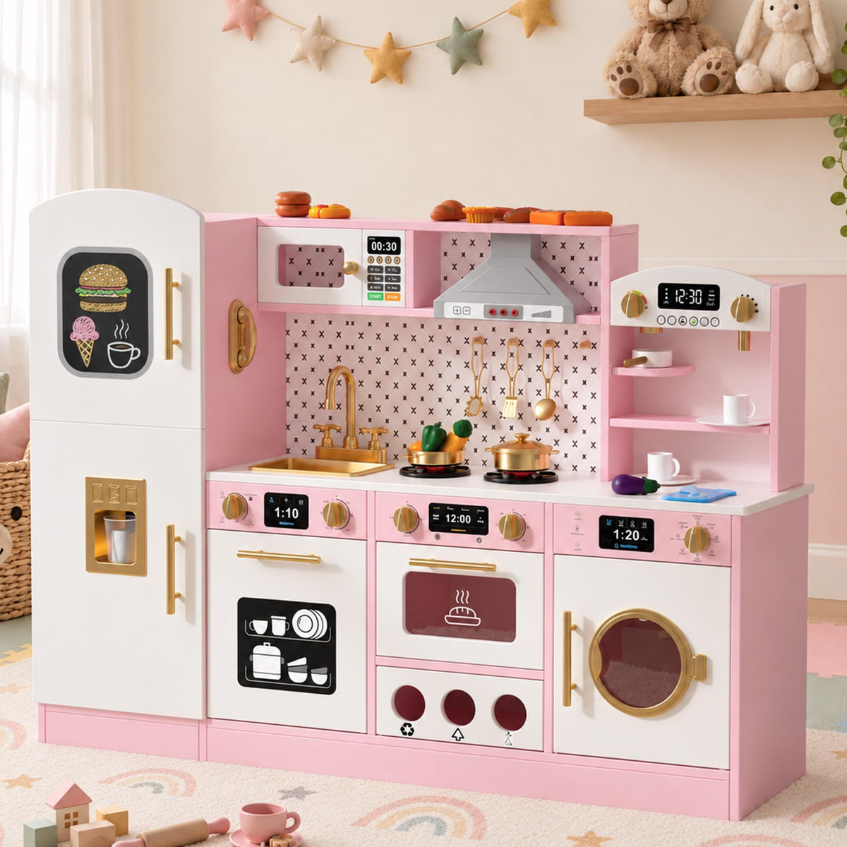Wooden Play Kitchen for Kids, Pretend Kitchen Play Toy Kitchen Set(Ages 3+), Pink