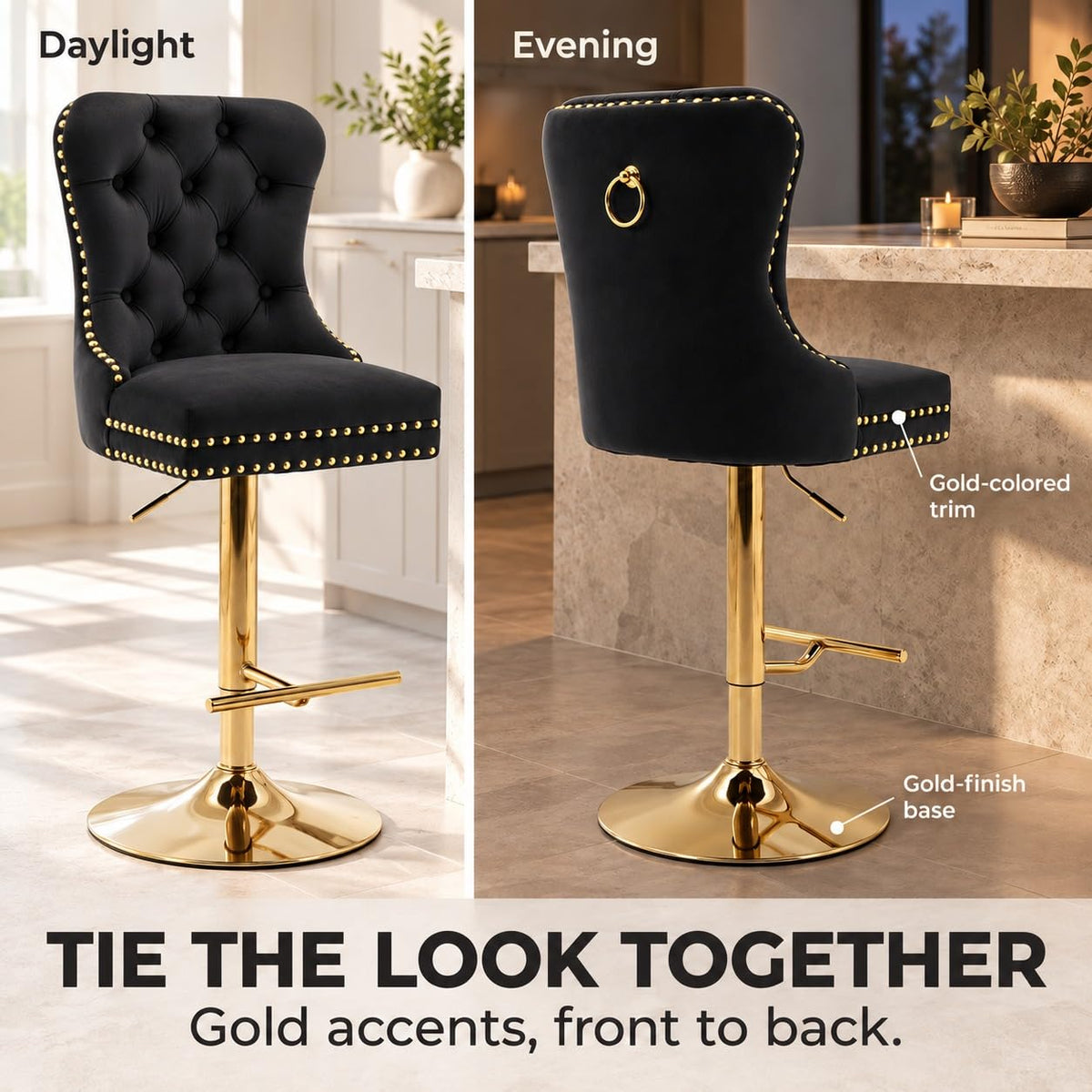 Velvet Swivel Bar Stools Set of 4, Height Adjustable, Black with Gold Base