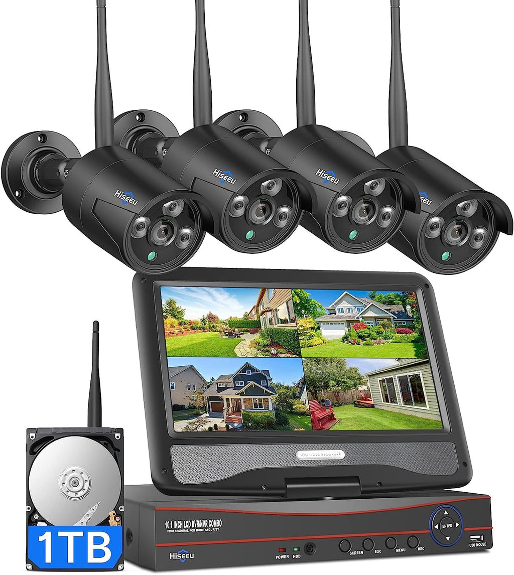 Hiseeu Home Security System, 24/7 Recording 5MP Wired Plug-in Powered Outdoor Bullet Cameras, 2.4G/5G WiFi Pro, 4K NVR with 12" LCD Monitor, 3TB HDD, Night Vision, IP65