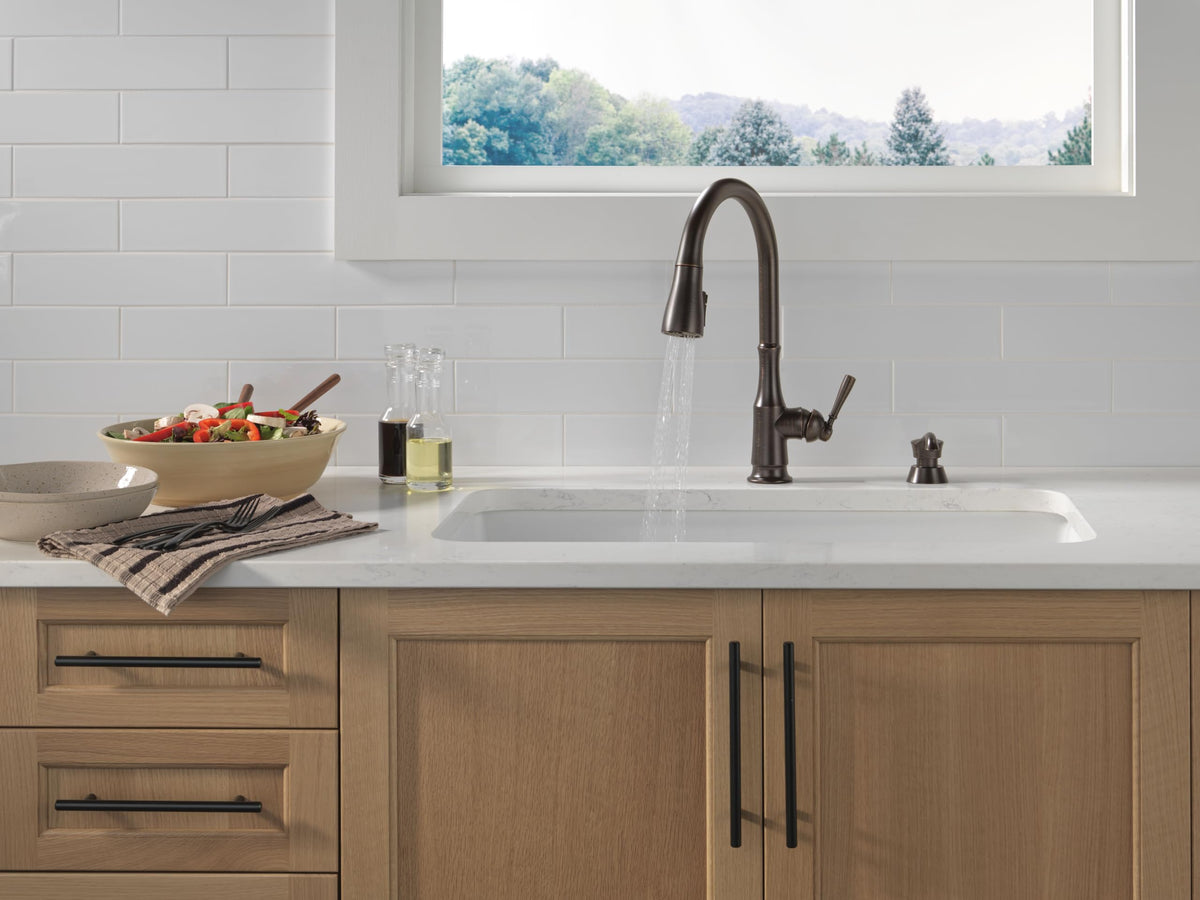 Delta Capertee Oil Rubbed Bronze Kitchen Faucet with Pull Down Sprayer and Soap Dispenser, Modern Single Hole Kitchen Sink Faucet, Single Handle, Venetian Bronze 19877Z-RBSD-DST