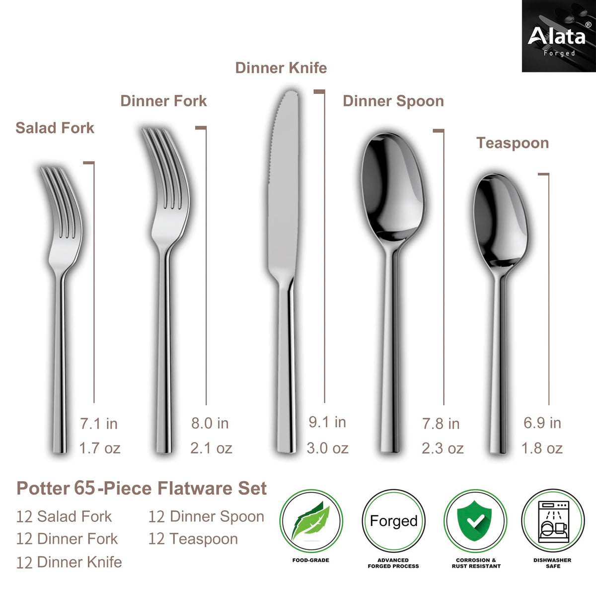Potter 65-Piece Forged Silverware Set, Service for 12 – Premium Stainless Steel Flatware Set, Modern Design with Satin Finish, Ideal for Home, Kitchen, Party, Camping