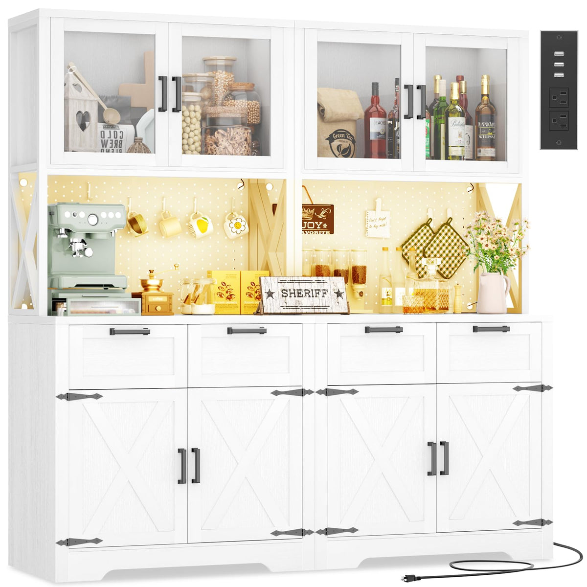 Unikito 71" Kitchen Pantry Cabinet with LED Light & Outlet, Microwave Stand