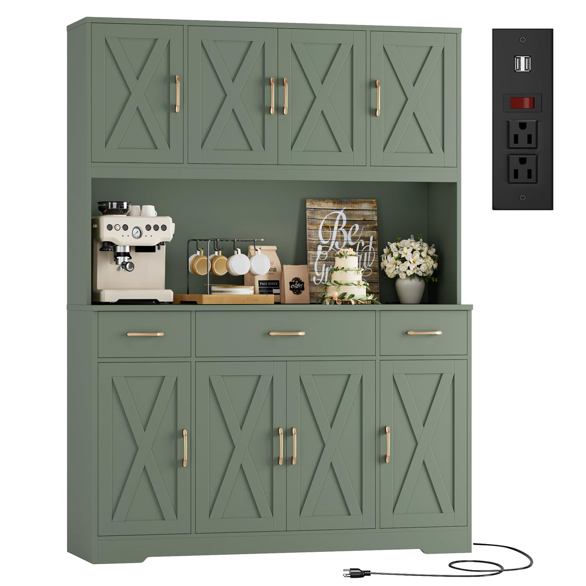 HOSTACK 71" Tall Kitchen Pantry Storage Cabinet, 55" W Kitchen Hutch, Green