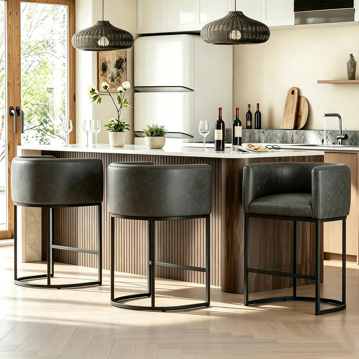 26" H Counter Height Bar Stools Set of 3, Modern Barrel Counter Stools with Backrest and Arms, Linen Fabric Upholstered Accent Barstools for Kitchen Island, Support 450 LBS, Beige