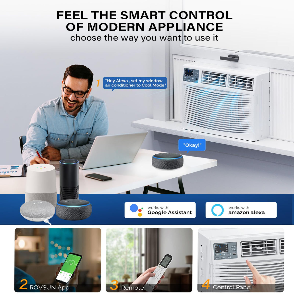 ROVSUN 8000 BTU Window Air Conditioner with Heat, AC Unit for Window, 115V | 4-in-1 Cool, Heat, Dehumidify & Fan, APP & Voice Control, Compatible with Alexa/Google, Timer & ECO Mode, 350 Sq Ft
