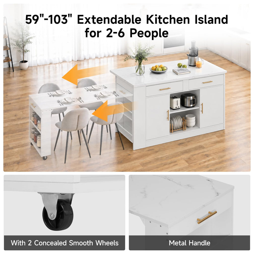 59"-103" Kitchen Island with Extendable Dining Table, White