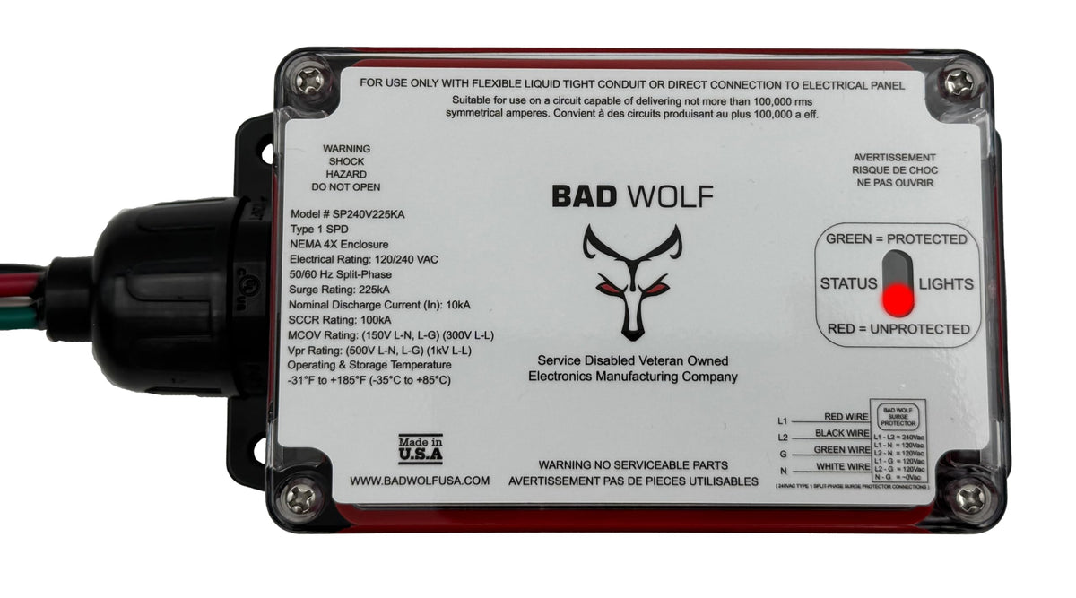 Bad Wolf SP240V225KA Whole House Surge Protector 225kA, ETL Listed Type 1 SPD, 120/240V Split Phase, EM Protection, NEMA 4X