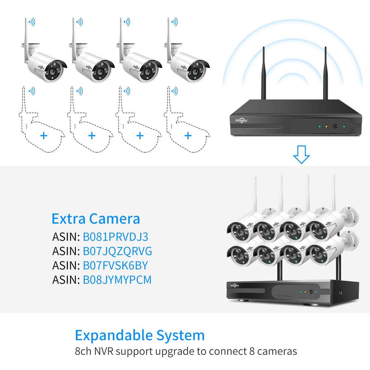 [500G Hard Drive] Hiseeu 5MP Wireless Security Camera System with One-Way Audio,4Pcs 5MP Outdoor/Indoor WiFi Surveillance Cameras, HD Video,Night Vision, Weatherproof,Motion Detection,DC12V Power Cord
