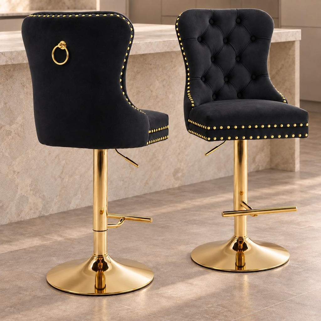 Velvet Swivel Bar Stools Set of 4, Height Adjustable, Black with Gold Base