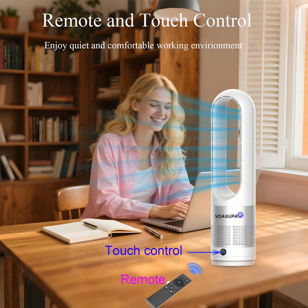 Bladeless Heater and Fan Combo, All the Season, 80° Oscillating with Remote and Touch Control, 8H Timer, 24 Inch, Floor Fan for Indoor Use, Large Room, Silver White