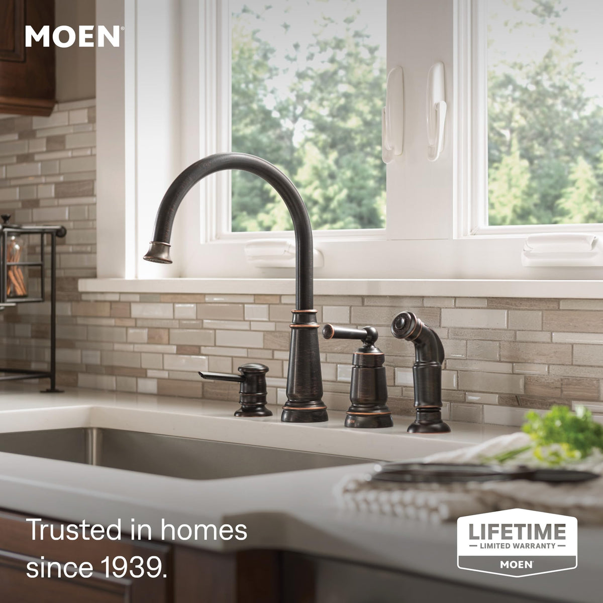 Moen 87042BRB Mediterranean Bronze High Arc Kitchen Faucet with Soap Dispenser