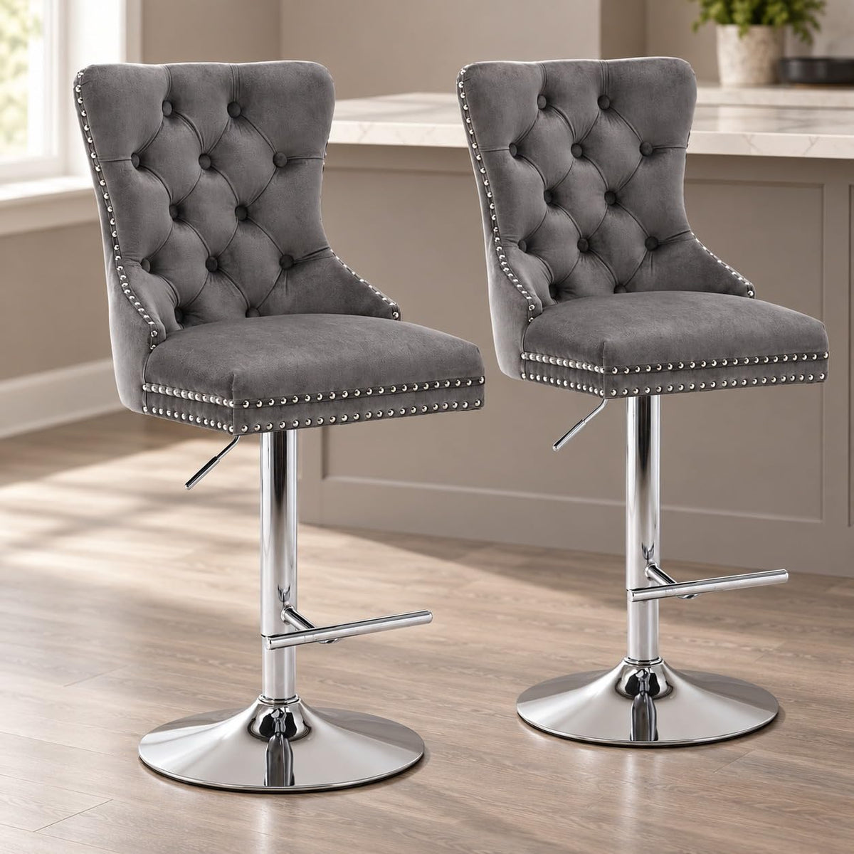 Velvet Swivel Bar Stools Set of 4, Height Adjustable, Black with Gold Base