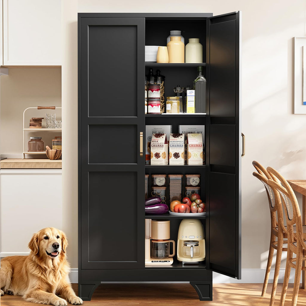 Metal Pantry Storage Cabinets with Doors and Shelves,75" Tall White