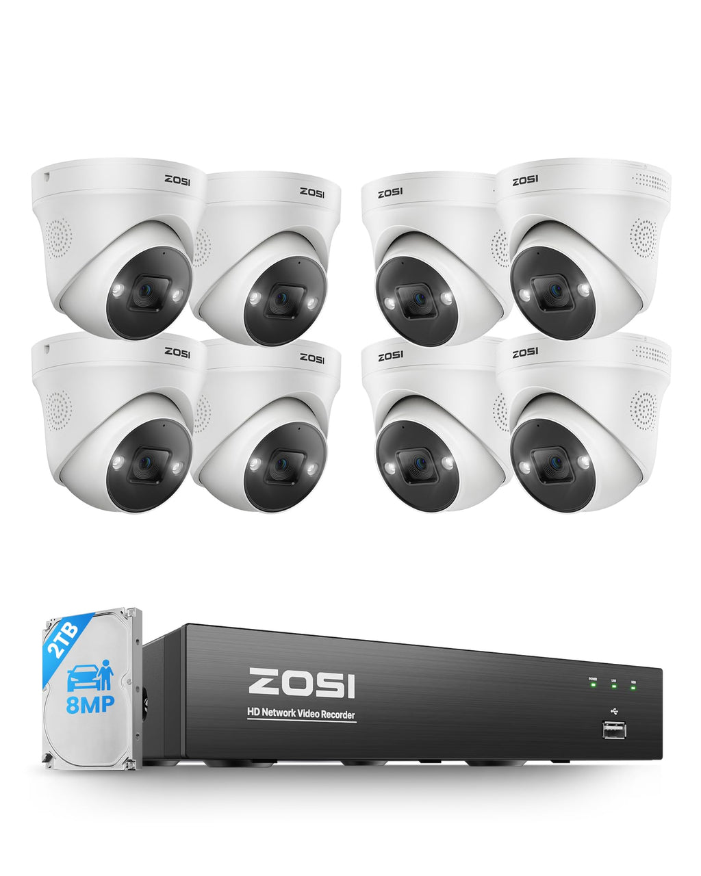 ZOSI 4K 8CH PoE Security Camera System, 8X 8MP Outdoor Dome Cam, 2TB HDD