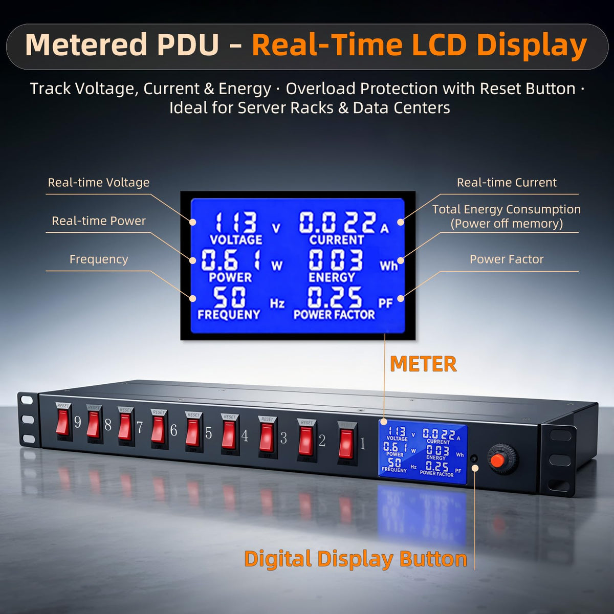 1U Rack Mount PDU Power Strip 9 Outlet Individual Switch