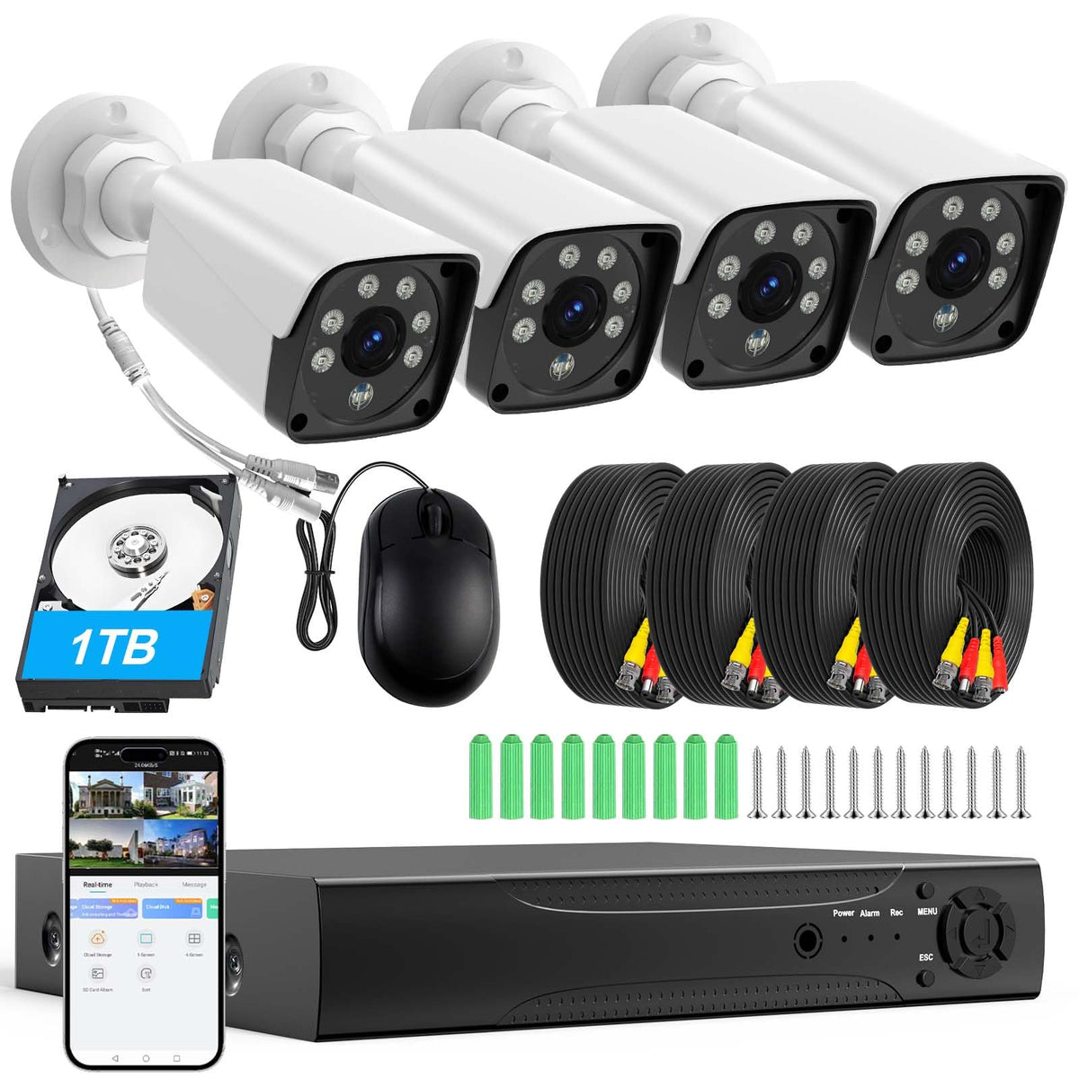 H.265+ Wired Security Camera DVR Kit System with AI Human Vehicle Detection, 4x 1920P 5MP IP67 Metallic Indoor/Outdoor Cameras IR Night Vision Remote Access, 4K NVR 1TB HDD Included for 24/7 Recording