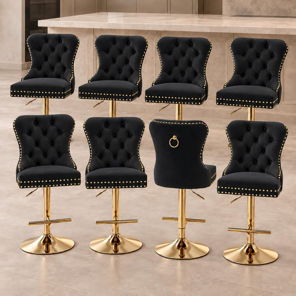 Velvet Swivel Bar Stools Set of 4, Height Adjustable, Black with Gold Base