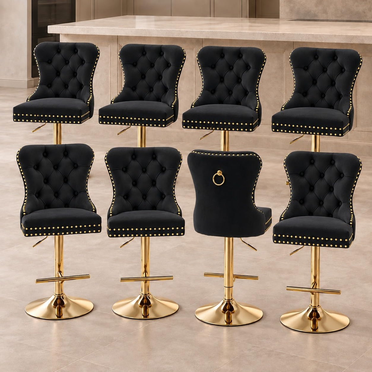 Velvet Swivel Bar Stools Set of 4, Height Adjustable, Black with Gold Base