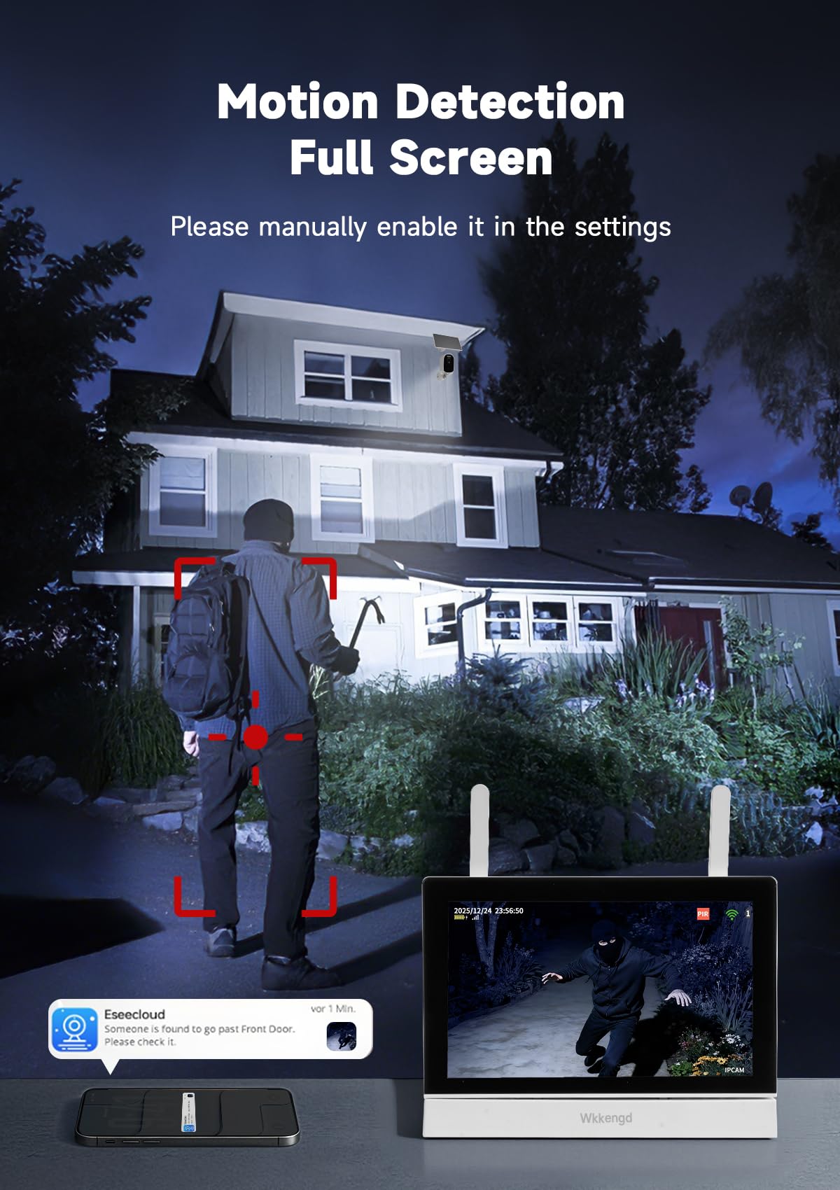 Solar Wireless Security Camera System, 4MP Battery Powered 2-Camera Kit with 7" Touchscreen Monitor, Motion Detection Auto Full-Screen Zoom, Color Night Vision, Compatible with Alexa