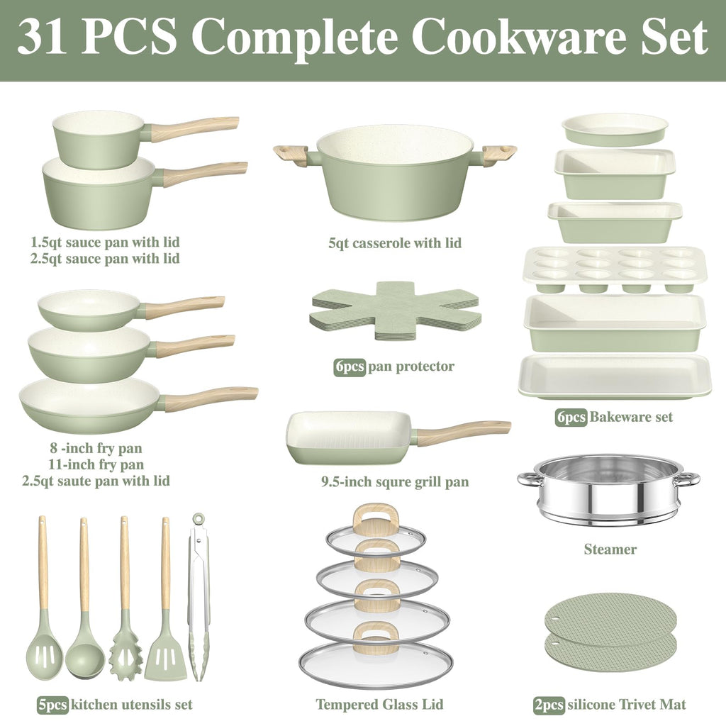 Pots and Pans Set Nonstick, Umite Chef 31-Piece Induction Cookware & Bakeware Set with Frying Pans, Saucepan, Grill Pan, Baking Sheet & Utensils, PFOA-Free Kitchen Starter Set (Sage Green)