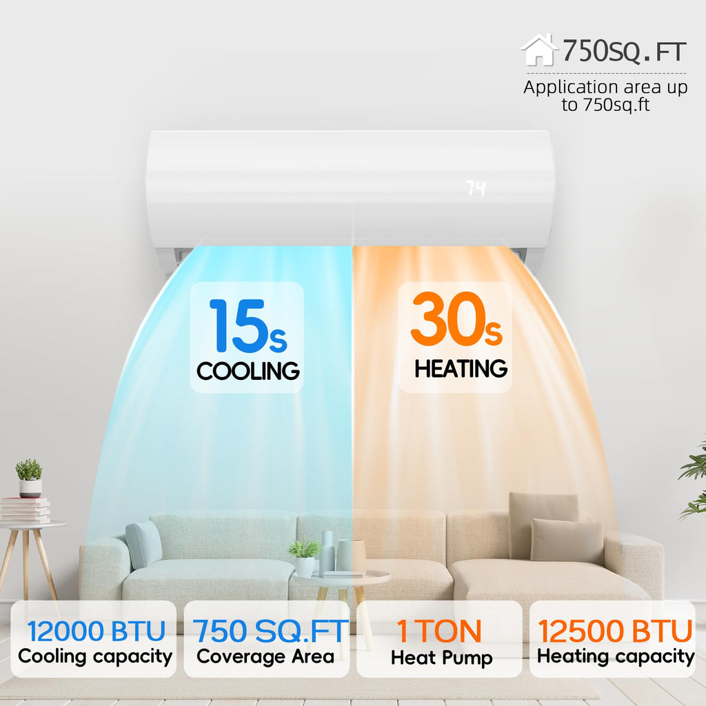 12000BTU Mini Split Air Conditioner & Heat Pump AC System, 115V