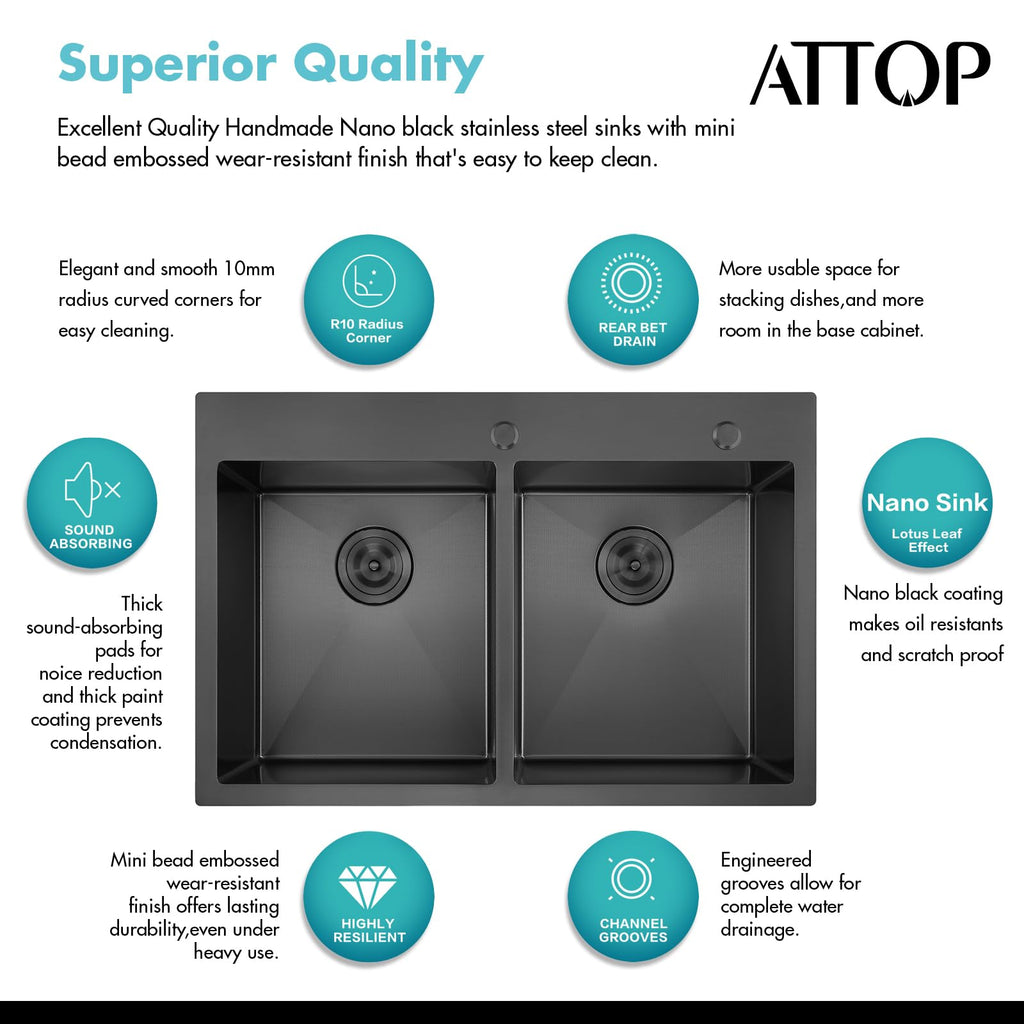 33 Inch Black Drop in Double Bowls Kitchen Sink