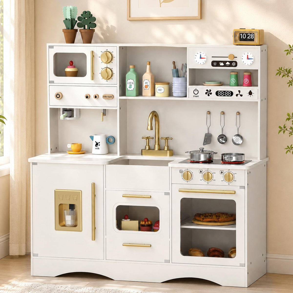 Wooden Play Kitchen, Kids Kitchen Playset with Interactive Feature
