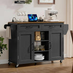 Kitchen Island with Power Outlets & Drop Leaf, Kitchen Cart with Storage, Drawer and Spice Rack, Tower Rack, Island Table, Black and Rustic Brown