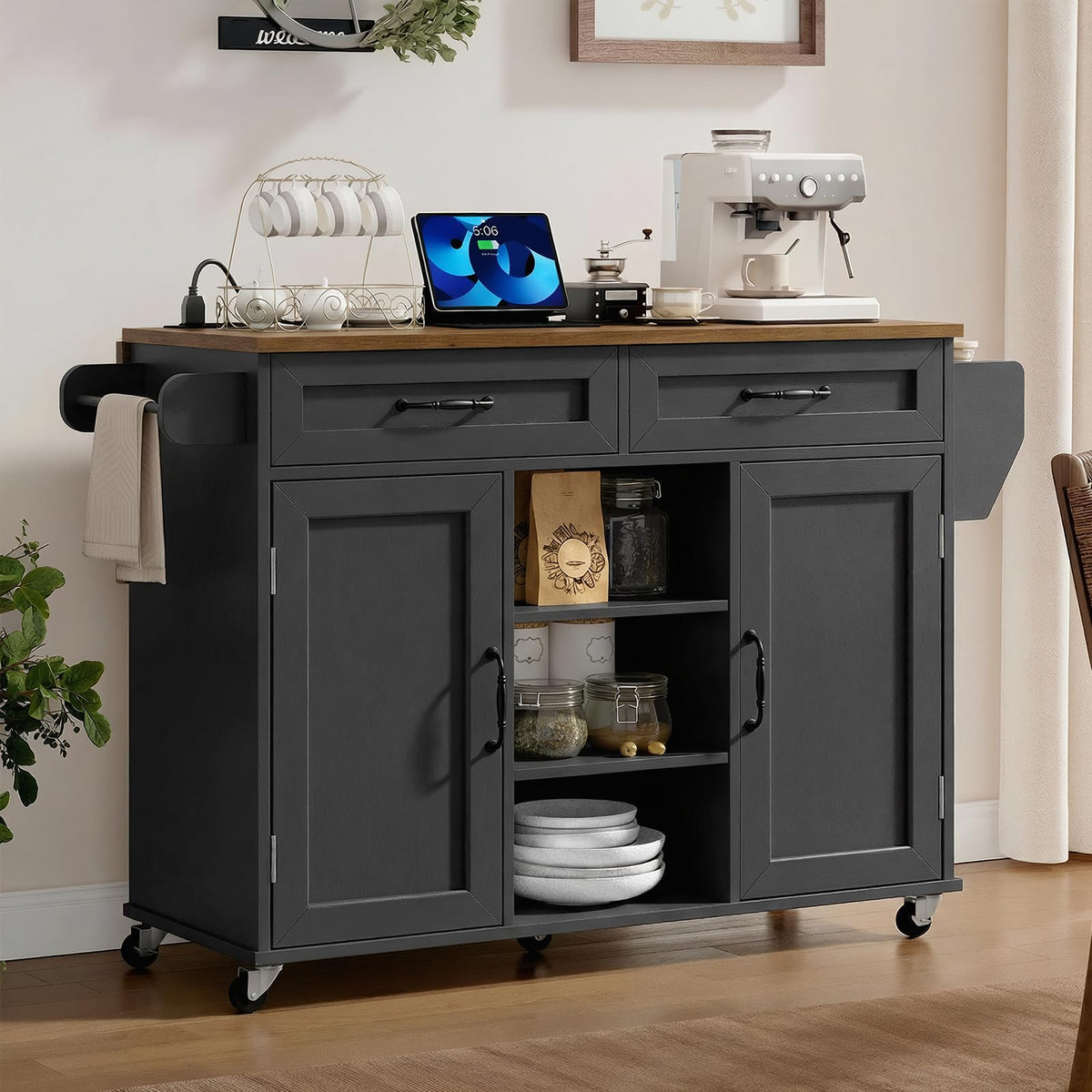 Kitchen Island with Power Outlets & Drop Leaf, Kitchen Cart with Storage, Drawer and Spice Rack, Tower Rack, Island Table, Black and Rustic Brown