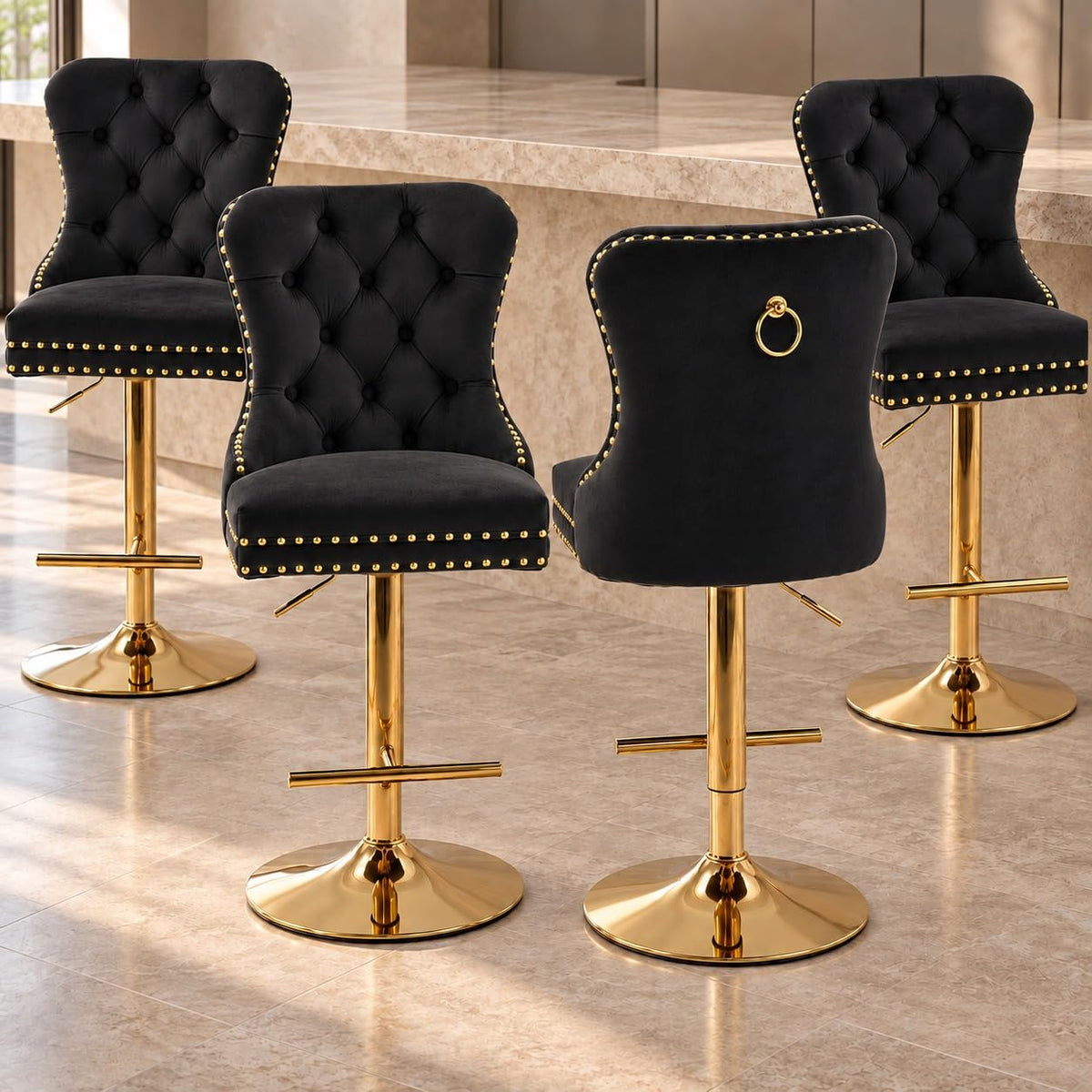 Velvet Swivel Bar Stools Set of 4, Height Adjustable, Black with Gold Base
