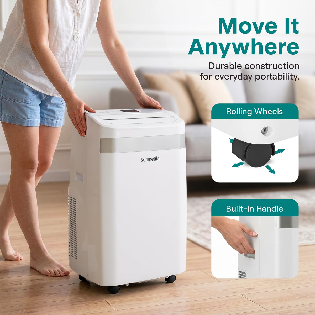 SereneLife Portable Air Conditioner and Heater, 14000 BTU Cooling & Heating with Wi-Fi Control, Dehumidifier & Fan Modes, Portable AC Unit with Window Mount Kit, Best for Rooms, White