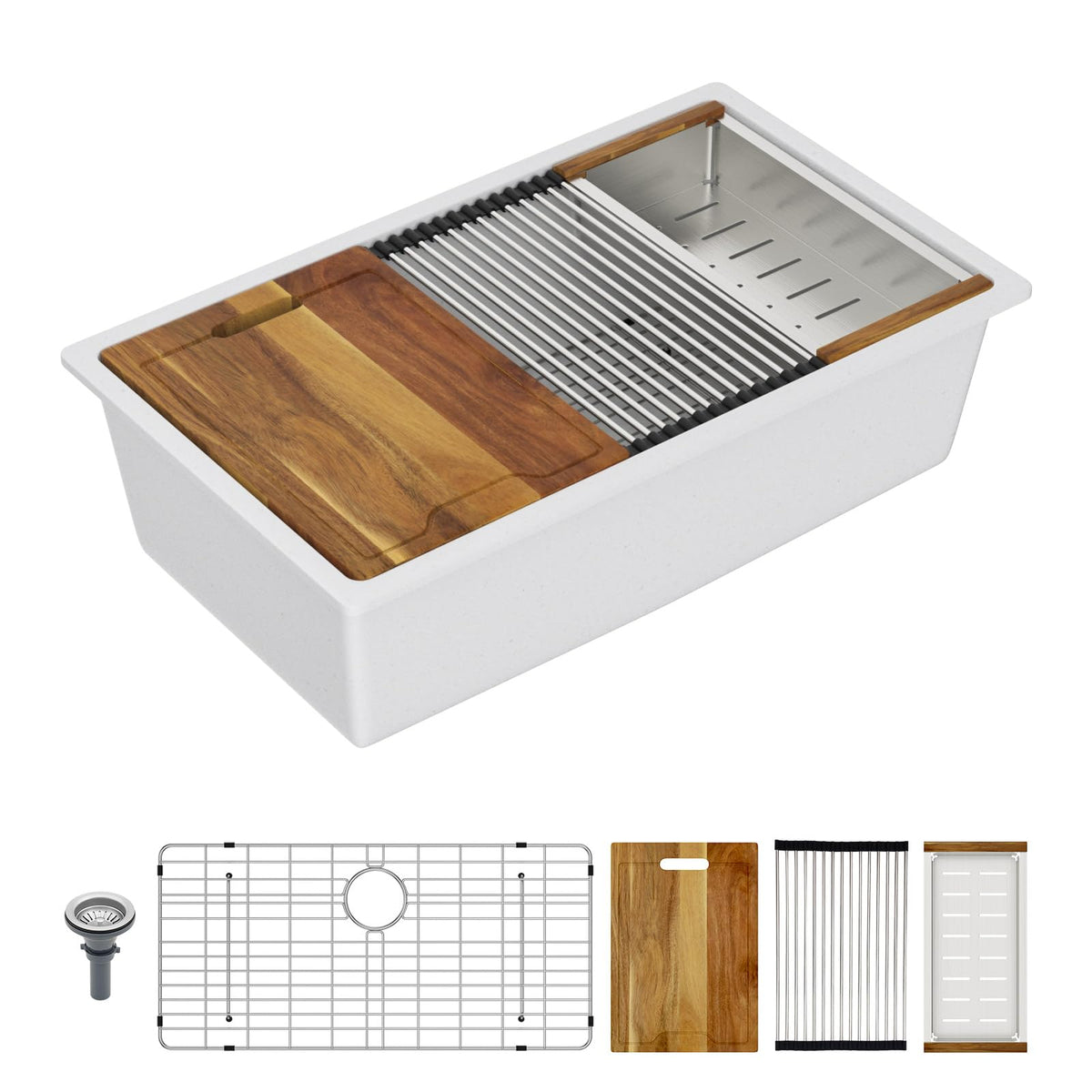 Lordear 18 Inch White Kitchen Sink Granite Composite Undermount Bar Workstation 18x18 White Quartz Sinks Under Counter Single Bowl with Classic Gold Accessories