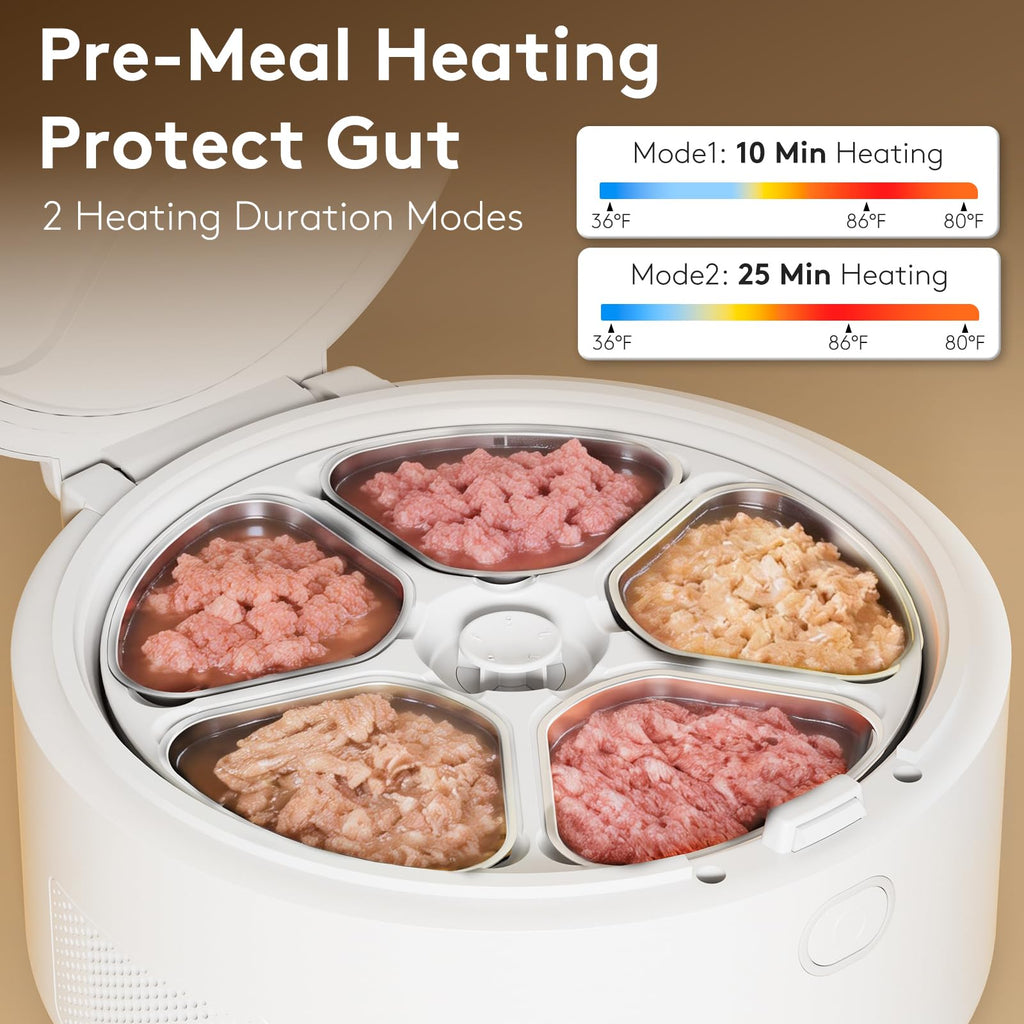 Automatic Cat Feeder Wet Food for 5 Meals, Semiconductor Cooling & 𝐏𝐫𝐞-𝐇𝐞𝐚𝐭𝐢𝐧𝐠 Pet Food Dispenser with Night Vision Camera, App-Controlled Auto Cat Feeder with Food-Grade Stainless Tray
