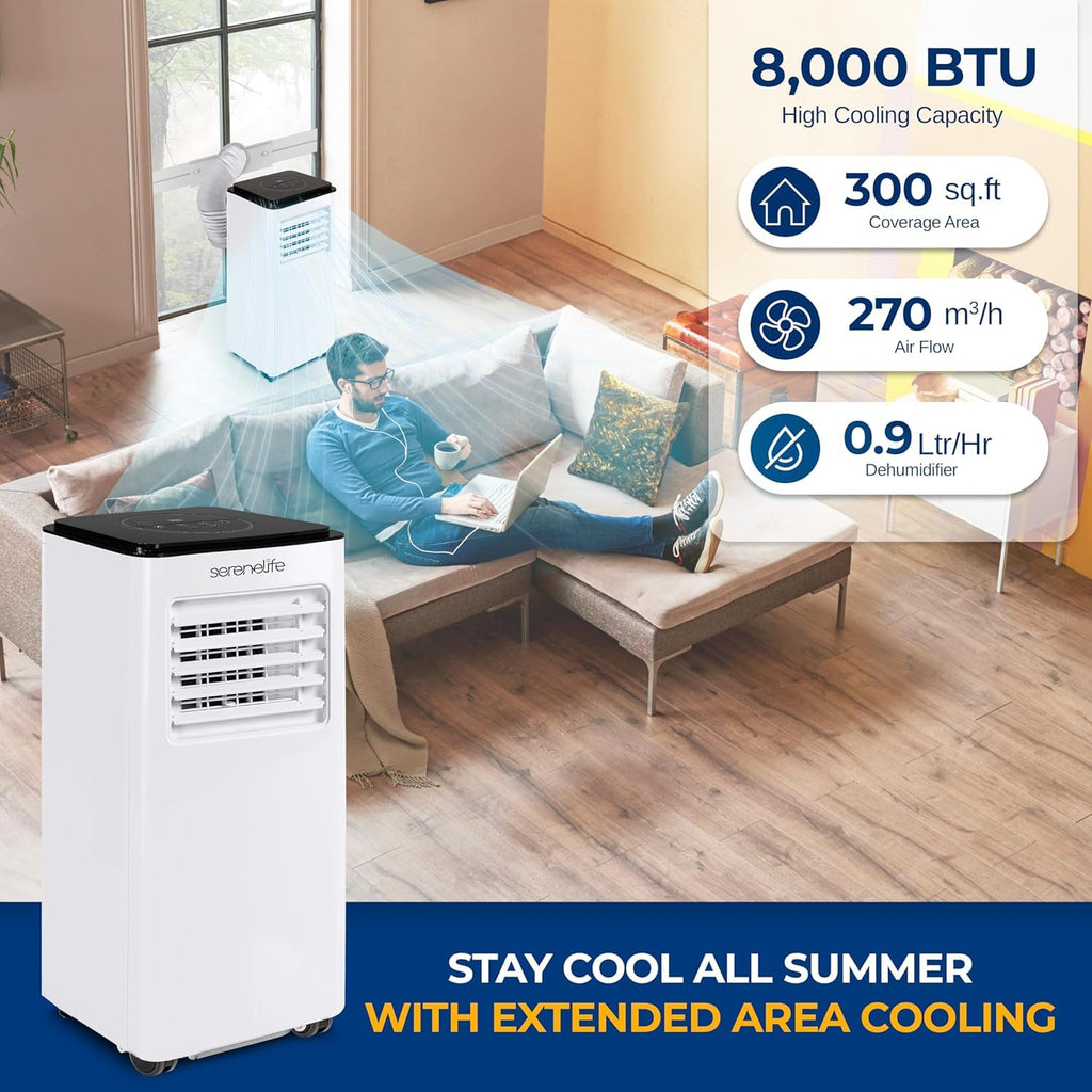 SereneLife 8000 BTU Portable Air Conditioner with Heating Functionality, 4-in-1 Compact Standing Air Conditioner for Room Up to 350 Sq. Ft., Floor AC Unit with LCD Remote Control, Auto Mode, Low Noise