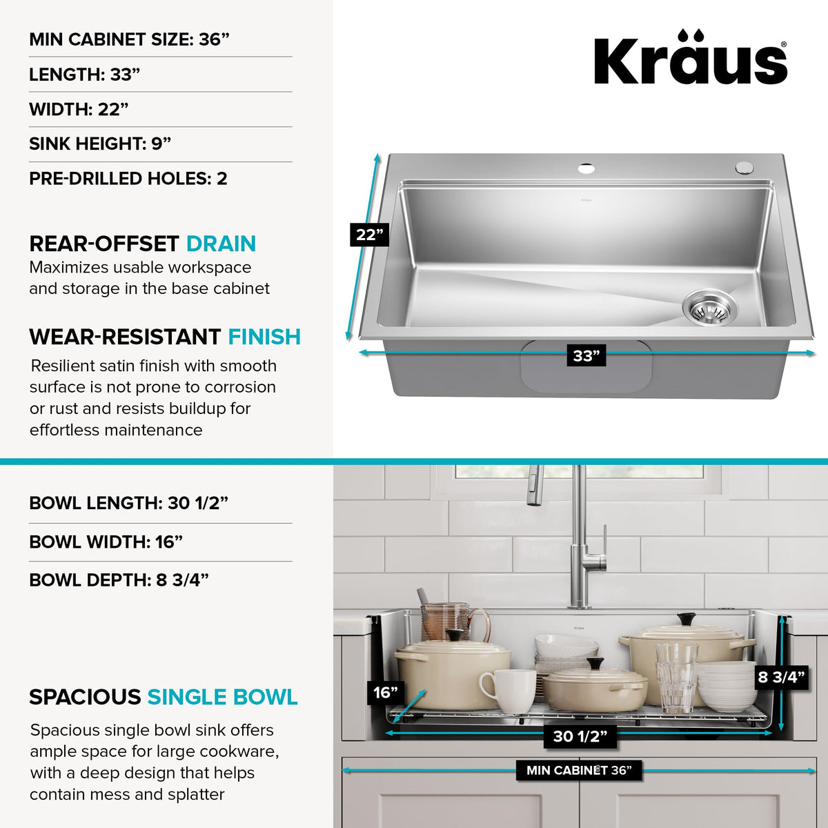 KRAUS Fairlane 33 in Drop In/Top Mount Workstation Single Bowl 18-Gauge Stainless Steel Kitchen Sink with Accessories, KWT610-33