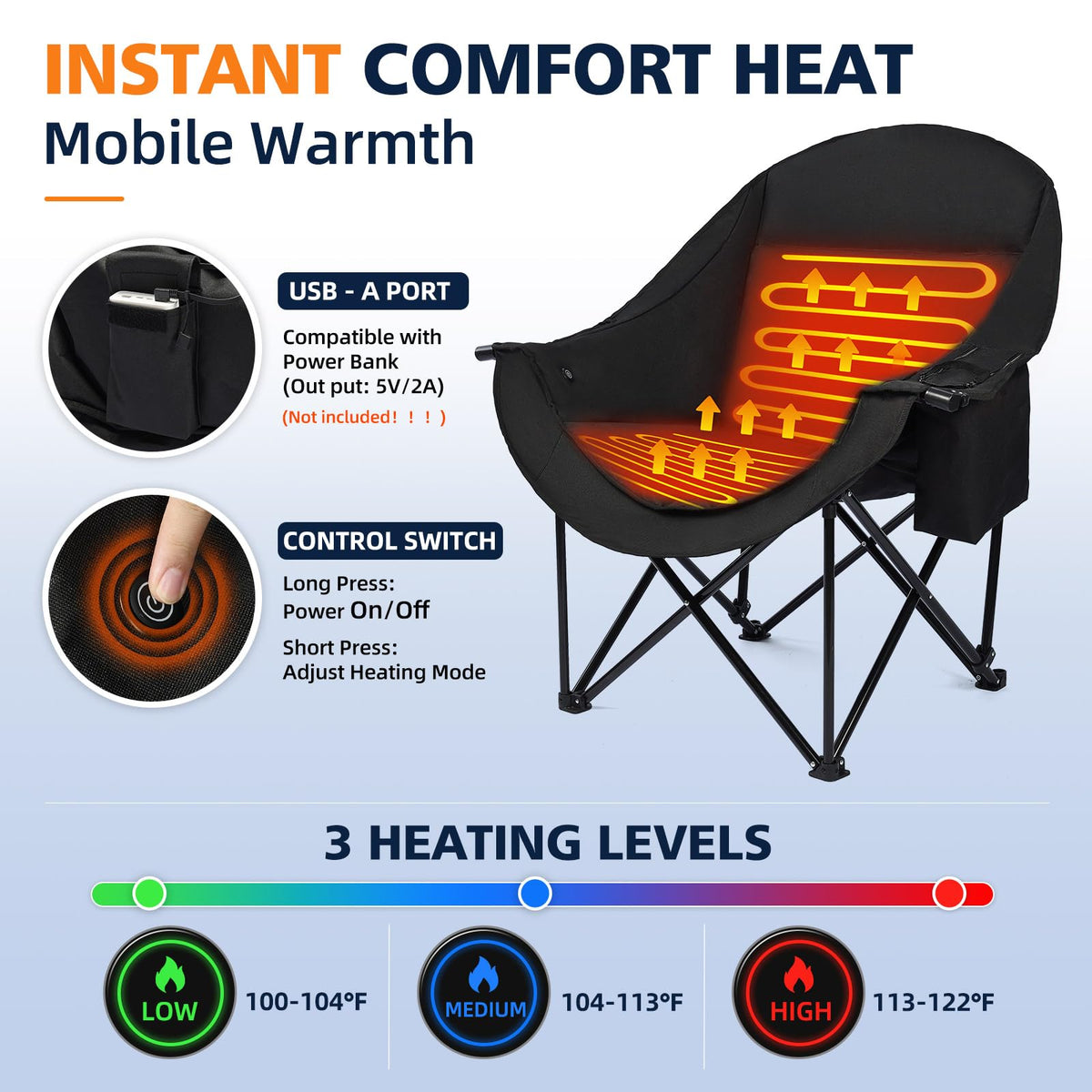 Heated Camping Chair - Oversized Padded Outdoor Folding Comfy Chair