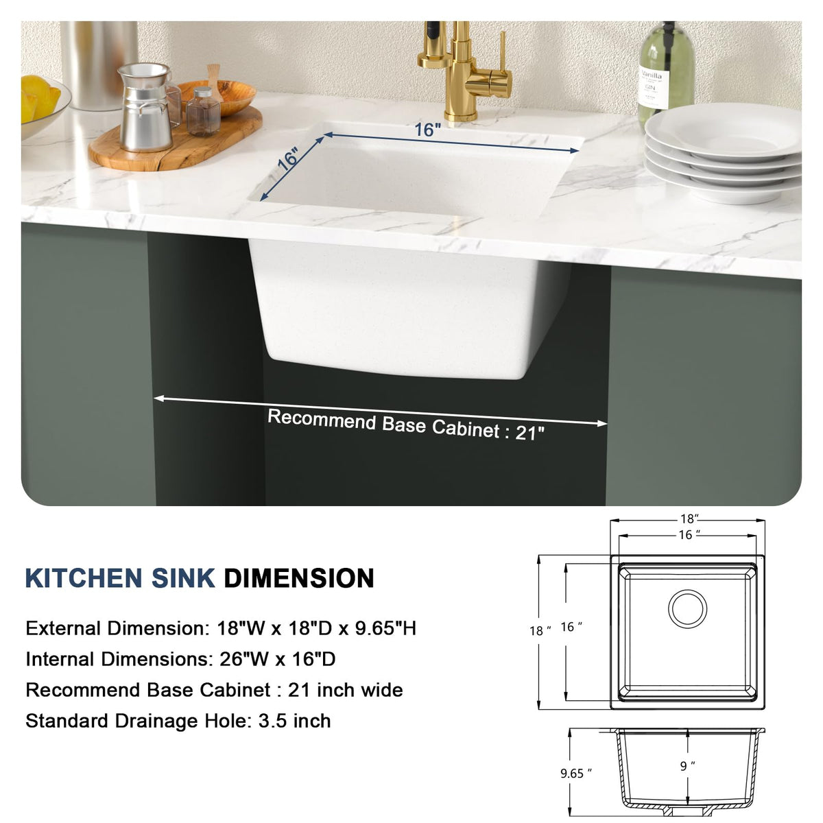 Lordear 18 Inch White Kitchen Sink Granite Composite Undermount Bar Workstation 18x18 White Quartz Sinks Under Counter Single Bowl with Classic Gold Accessories