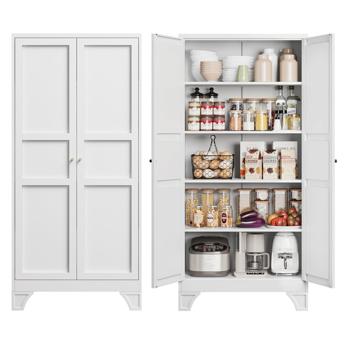 Metal Pantry Storage Cabinets with Doors and Shelves,75" Tall White