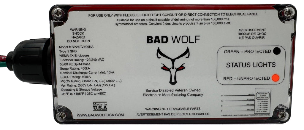 Bad Wolf SP240V400KA Whole House Surge Protector ETL Listed Type 1 SPD, 400kA, 120/240V Split Phase, NEMA 4X, with EM Protection