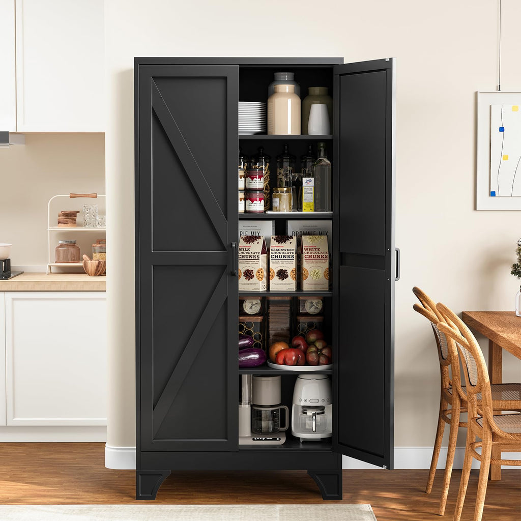 Metal Pantry Storage Cabinets with Doors and Shelves,75" Tall White