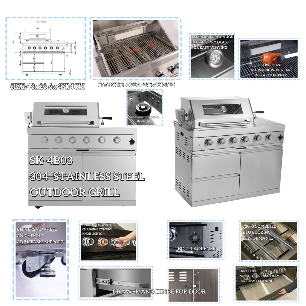 104-Inch 4 Burner 72000 BTU Stainless Steel Outdoor Kitchen Bar, Silver
