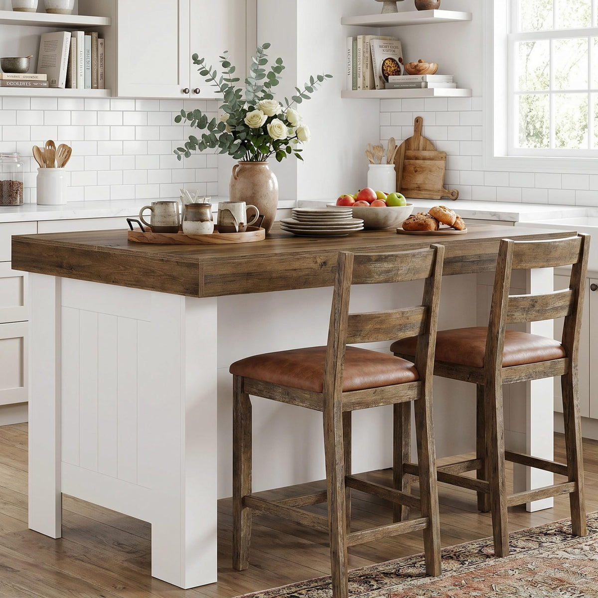 Tribesigns 55" Kitchen Island with Storage & Seating (Rustic Brown & White)