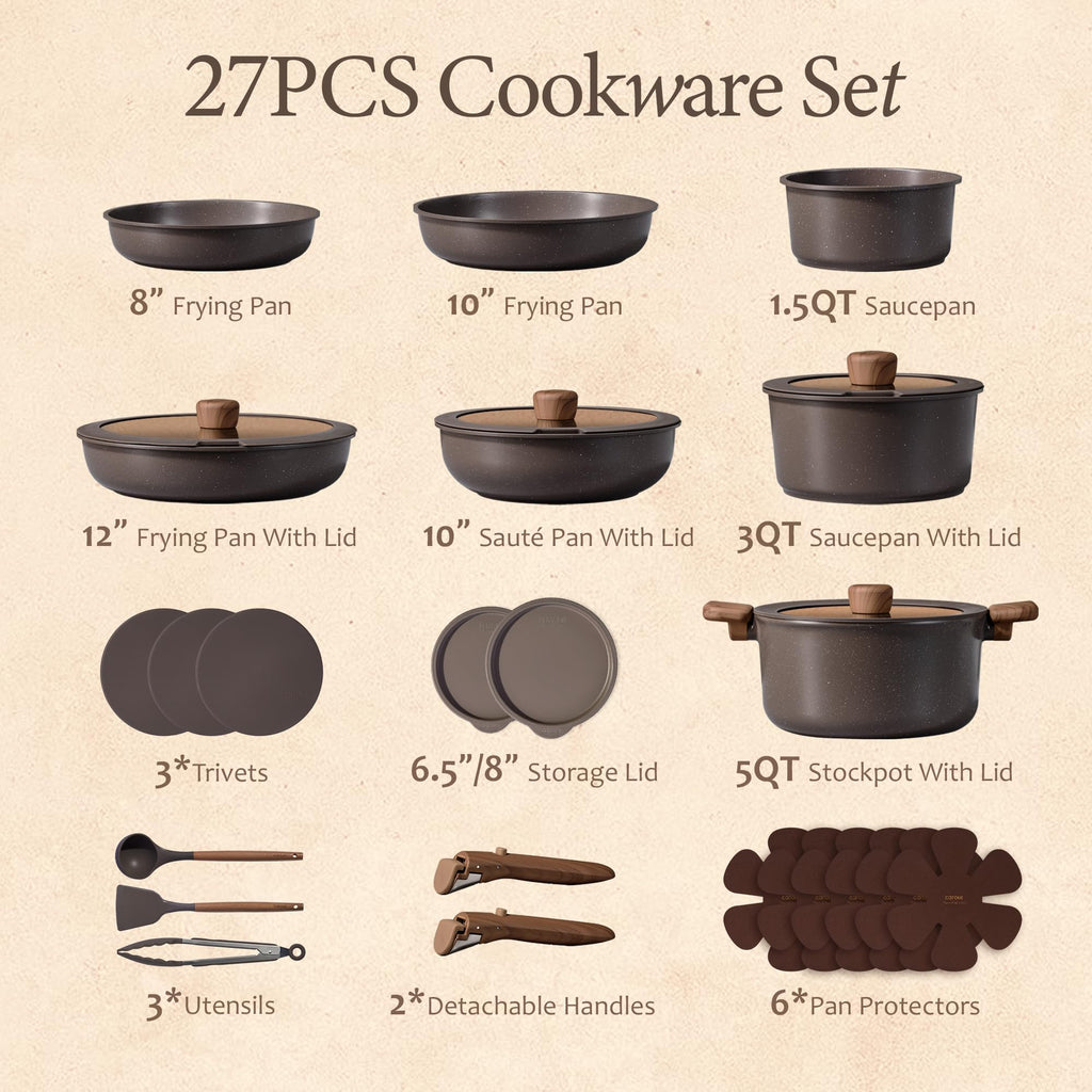 CAROTE 27pcs Pots and Pans Set Non Stick, Detachable Handle Cookware Set