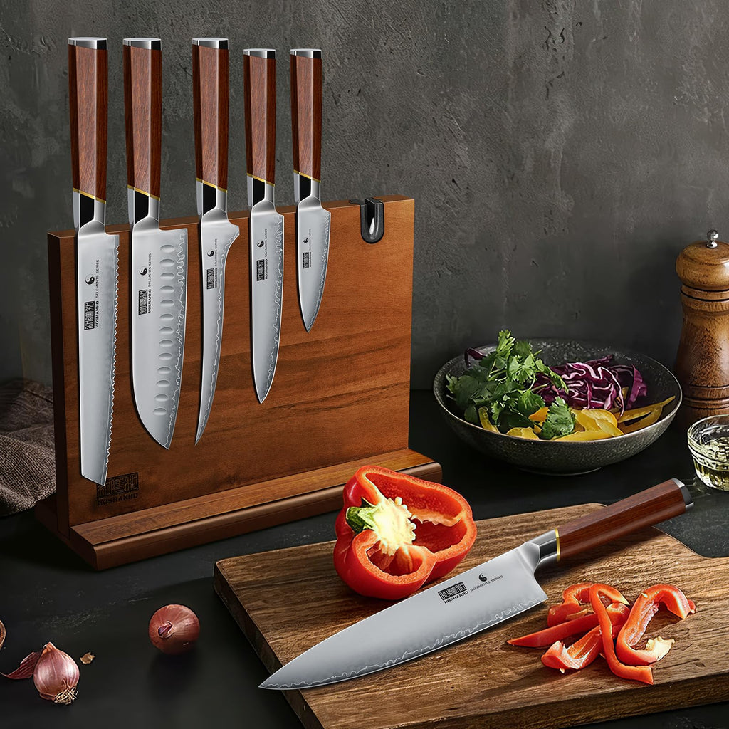 HOSHANHO 7 PCS Kitchen Knife Set, Sharp Japanese Magnetic Knife Block Set